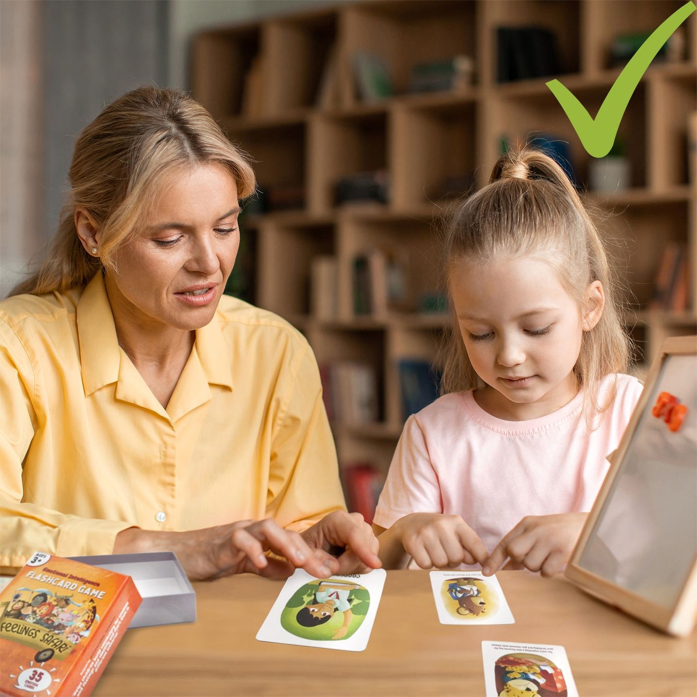 blond girl describing emotions cards to a female therapist in her office