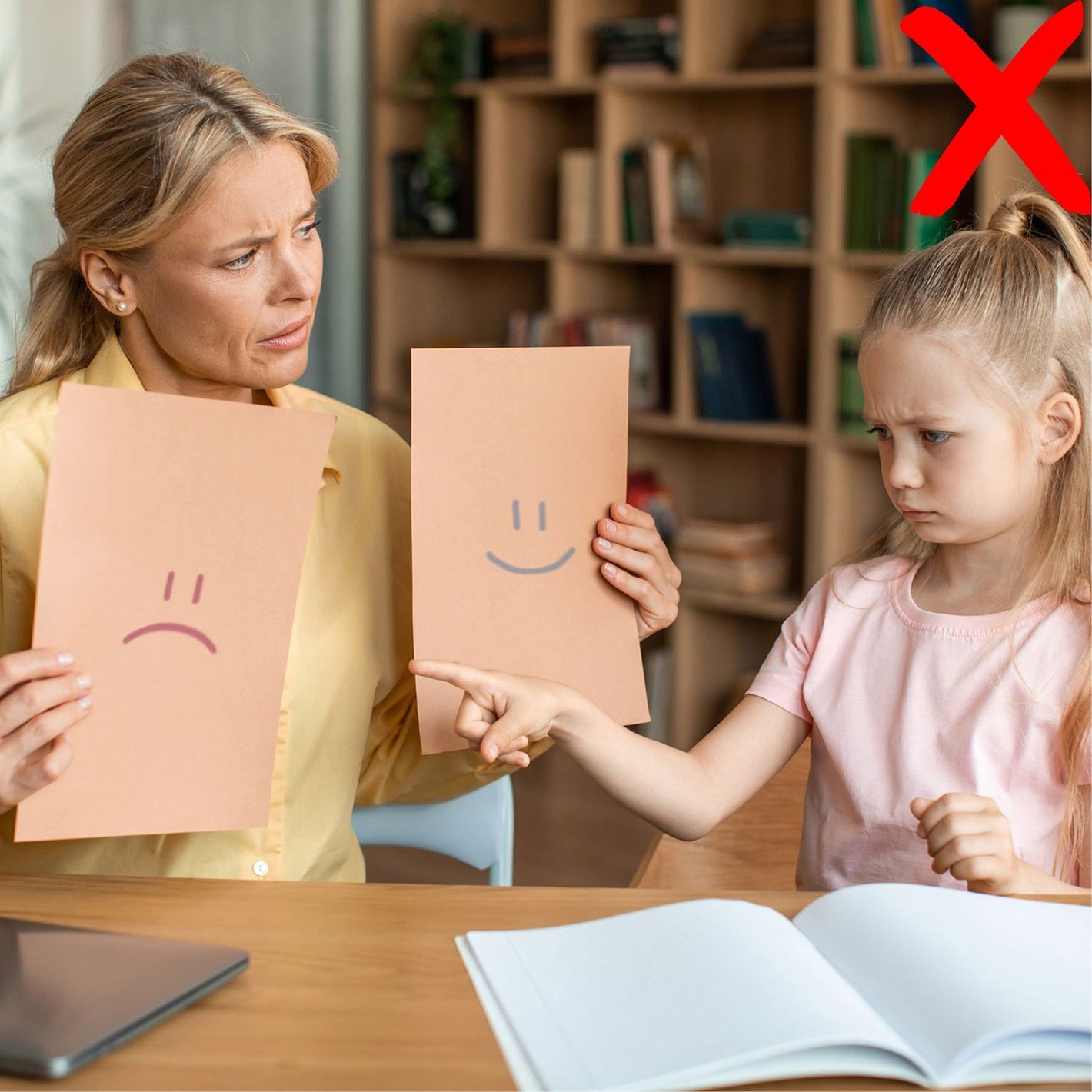 blond girl describing feelings flashcards to a female therapist in her office